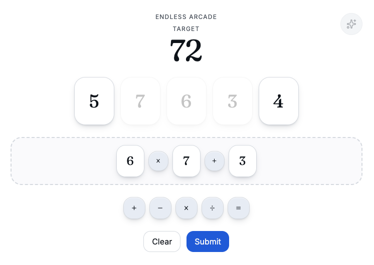 Target mode: building an equation from number cards to reach 72