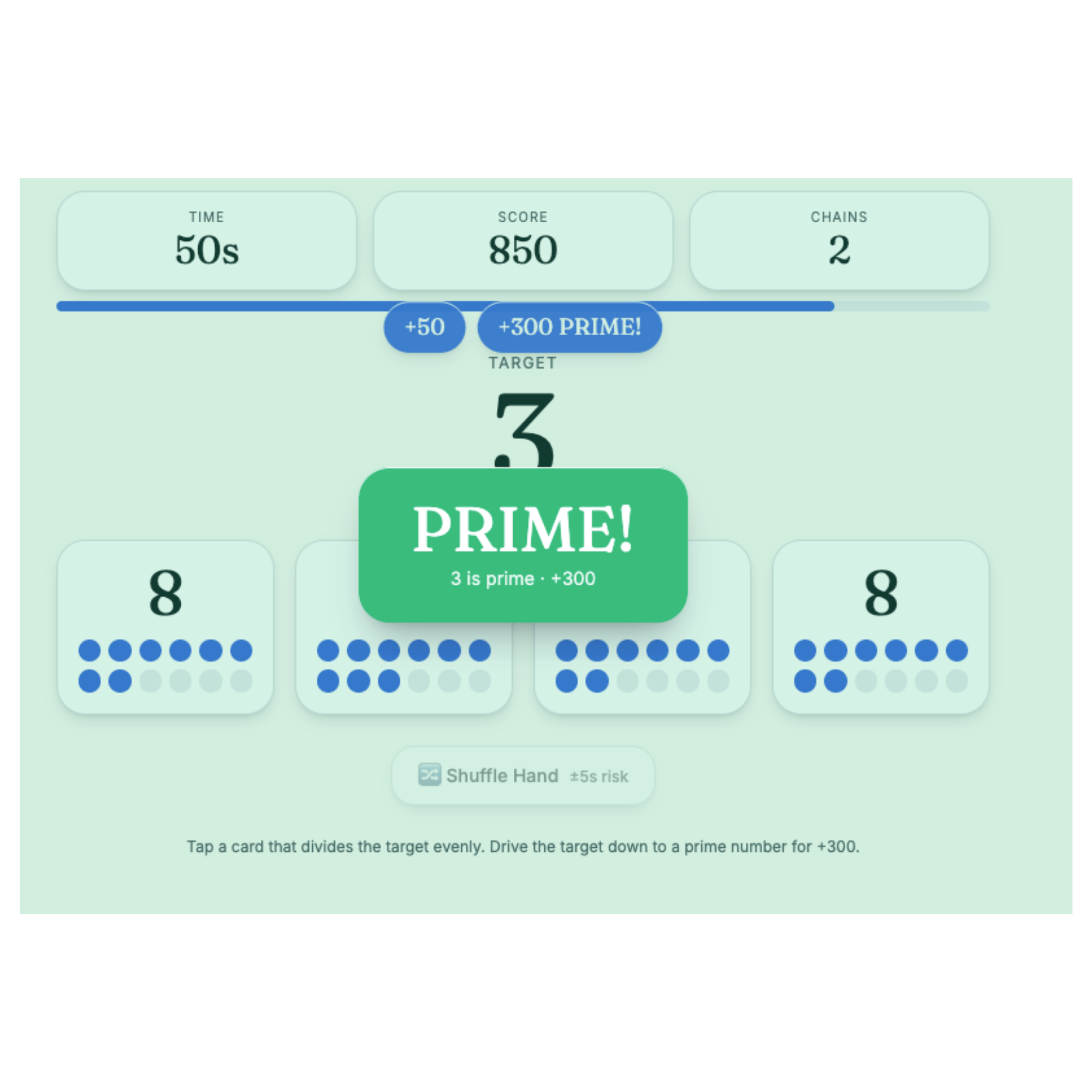 Blitz mode: dividing a target down to a prime for bonus points