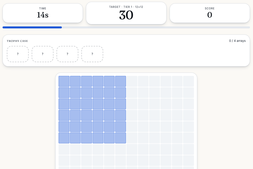 Gridlock mode: building a 6×5 array for the target 30 on a 12×12 grid