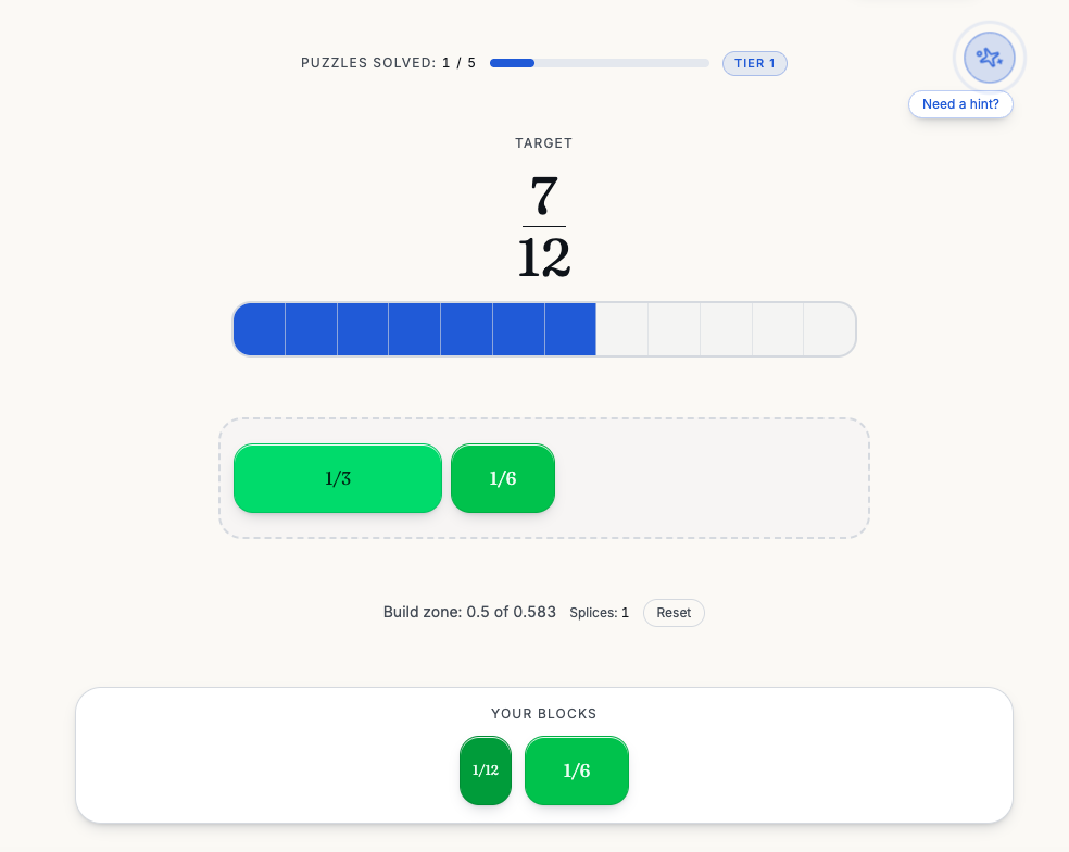 Splice mode: combining fraction blocks to match a target of seven twelfths