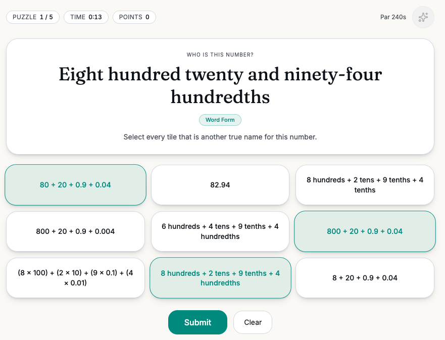 Alias mode: selecting tiles that match a number written in word form
